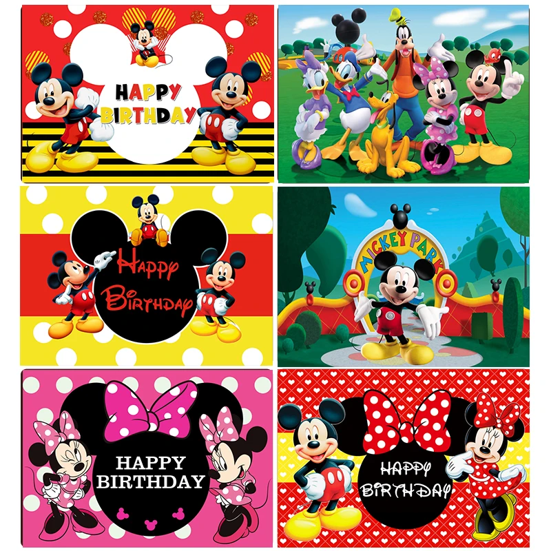 

Disney Cartoon Mickey Minnie Mouse Happy Birthday Backgrounds Decors Vinyl Cloth Party Backdrops Baby Shower Banner