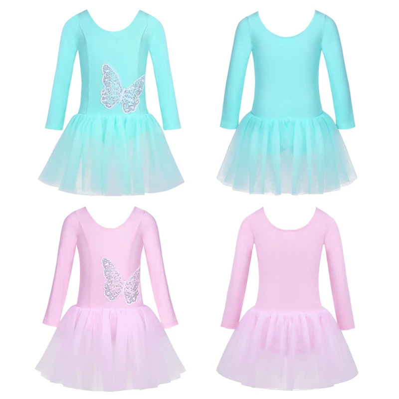 Kids Girls Cotton Tulle Long Sleeves Sequined Figure Ice Skating Dress Children Ballet Gymnastics Leotard Lyrical Dance Costumes |