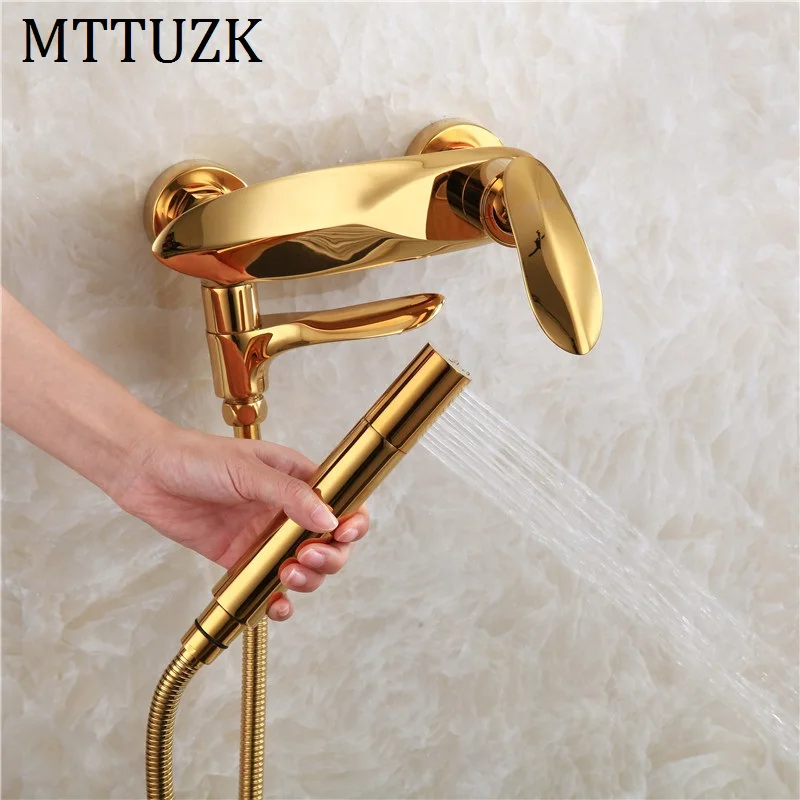 MTTUZK латунь золотой Подвесной Настенный Смеситель для ванны горячей и холодной воды кран titanium Золотой ванны смеситель для душа