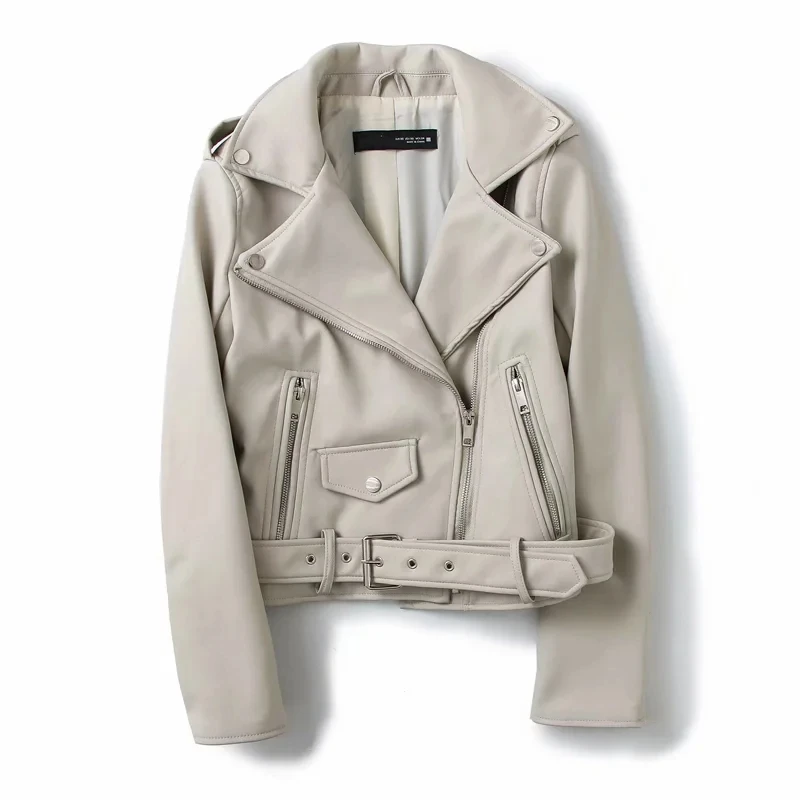 

ZCWXM Spring Faux Leather Jackets Women New Autumn Lapel Belt Pu Leather Punk Short Coat White Black Zipper Moto Biker Outwear