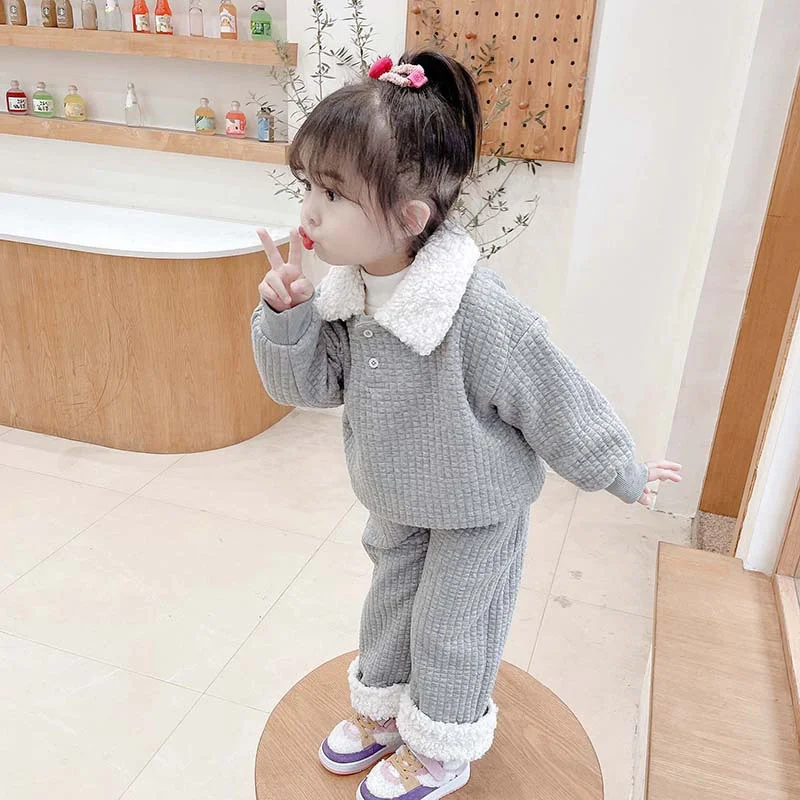 Girls Suit Sweatshirts +Pants Cotton 2Pcs/Sets 2022 Fur Winter Autumn Plus Thicken Warm Sportswear Children Clothing