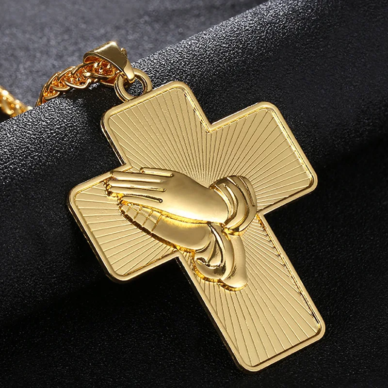 

Personality Gold Plated Cross Pendant Necklace Jesus Hands of Prayer Necklace Women's Men's Long Chain Hip Hop Jewelry