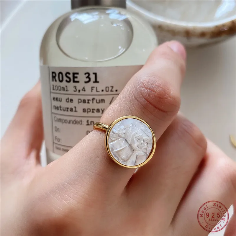 

925 Sterling Silver French Shell Open Ring For Women Carved Virgin Mary Angel Shell Index Finger Ring Party Jewelry Gift