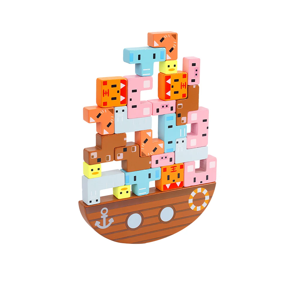 

Монтессори деревянный беспедальный блоки для детей с изображением животных укладки блоков балансировки учебная лодка головоломки игрушки...