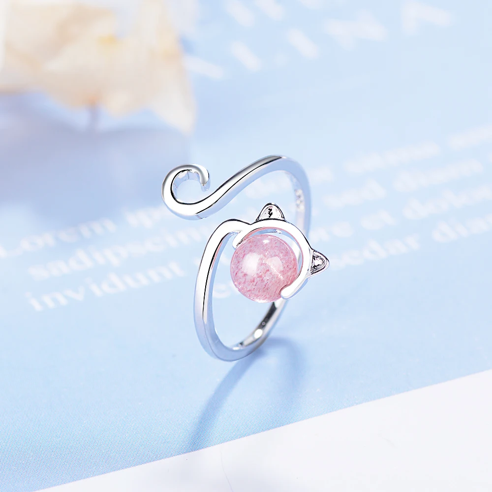 

925 Sterling Silver New Woman Fine Jewelry High Quality Crystal Zircon Pink Agate Kitten Ring Size Adjustable Open Ring anillos