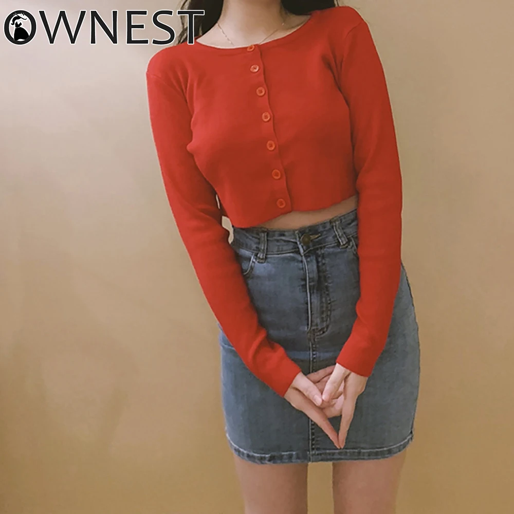 

Ownest Fall 2020 Knitted Cardigan O-neck Button Up Korean Cute Sweaters Cropped Cardigan Women Kawaii Knitting Crop Top Sweater