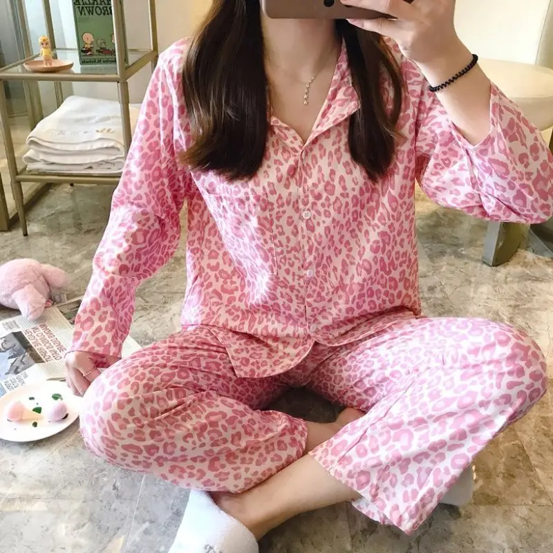 

2PCS Pj's Sets Women Satin Nightwear Satin Leopard Pajamas Lapel Printed Sleepwear Button-down Home Clothes Casual Lingerie