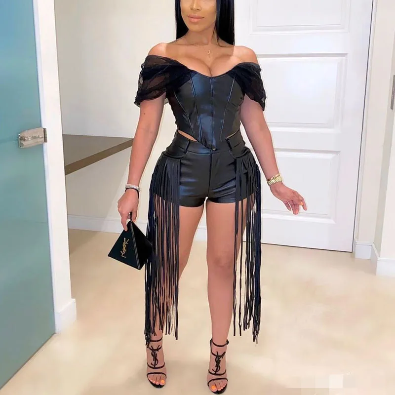 Женский короткий топ из искусственной кожи Shlouder и обтягивающие шорты комплект
