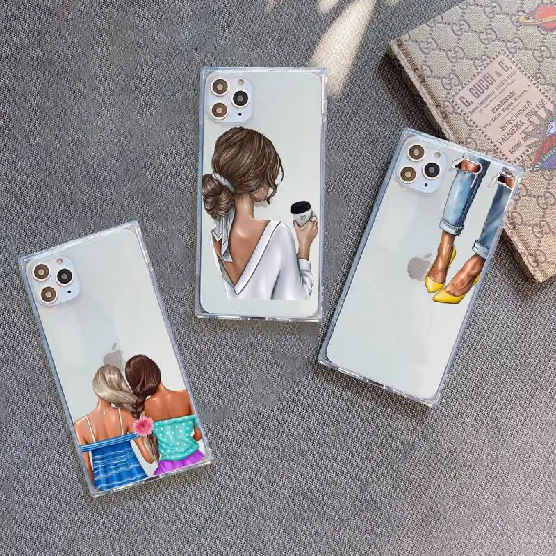 

Fashion coffee women Cover Phone Case For iPhone 7 8 11 12 X XS XR MINI Pro Max Plus Clear Square Transparent