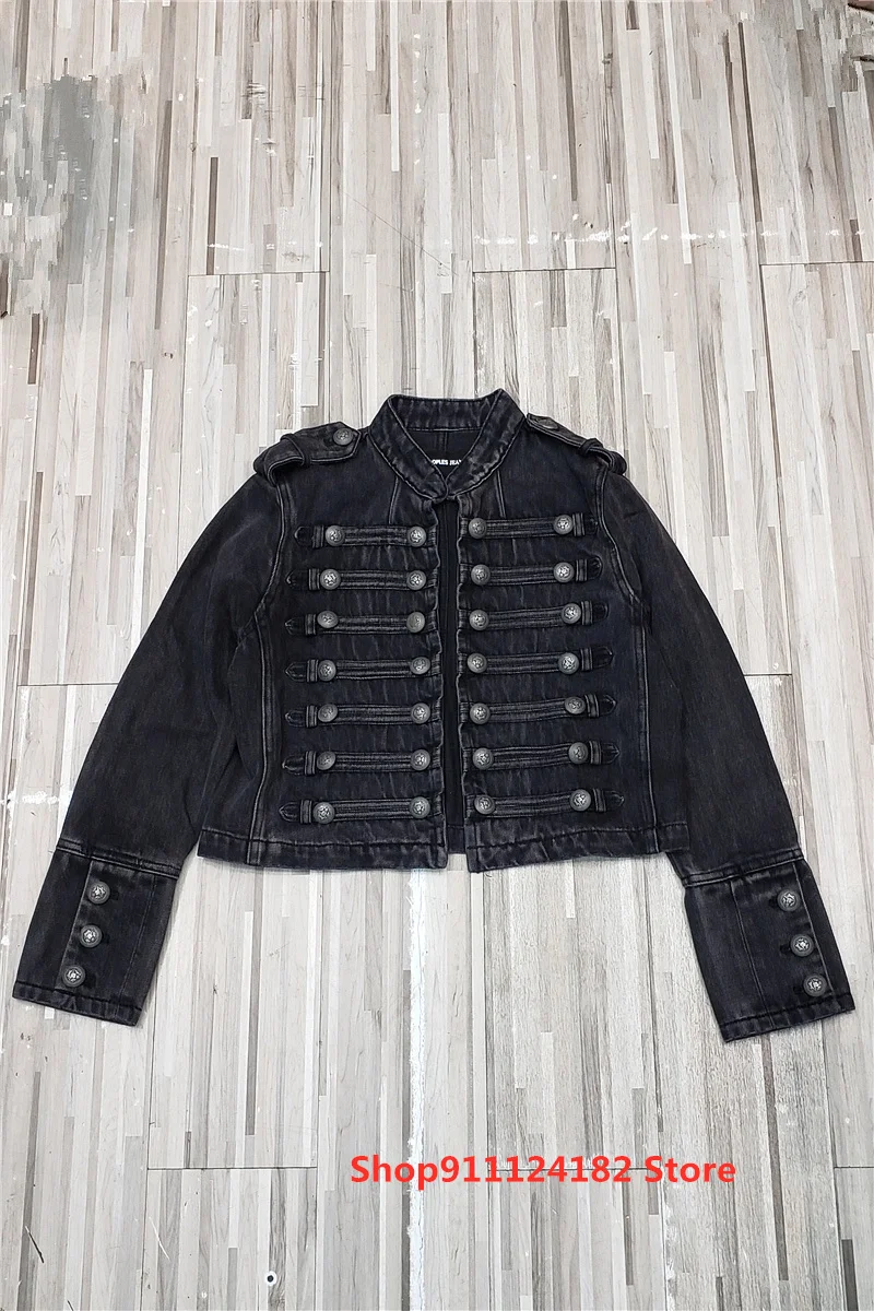 

European Goods Black Rivet Denim Short Jacket Female Spring and Autumn Long-Sleeved Stand-Up Collar Personality Trend Handsome