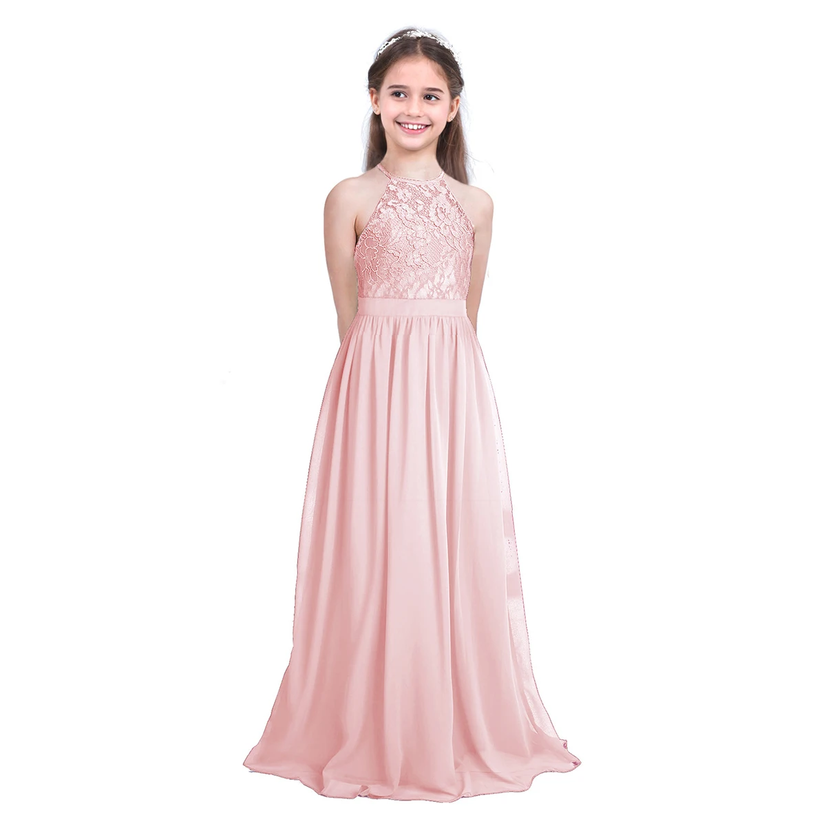 

Кружевное шифоновое платье с лямкой на шее и цветочным принтом для девочек, платье принцессы на свадьбу, день рождения, детское длинное плат...