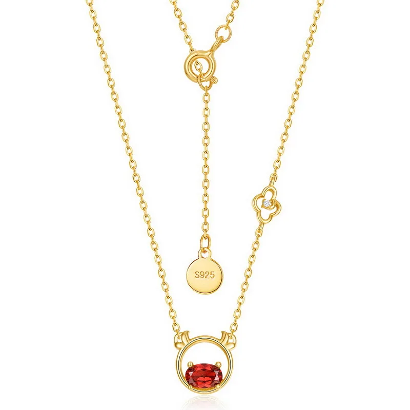 

Chinese zodiac animal natural red pomegranate pure silver necklace female s925 silver lovely cute Niu Xiangyun neck chain