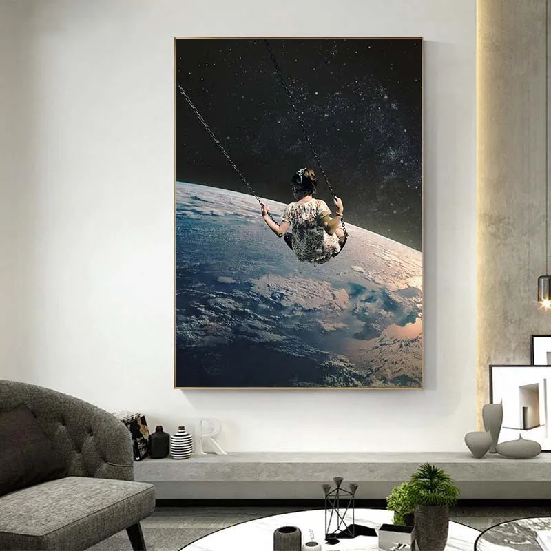 

Night Sky Art Prints Earth Couple Canvas Posters Surrealism Galaxy Space Moon Canvas Painting Cosmic Wall Pictures Home Decor