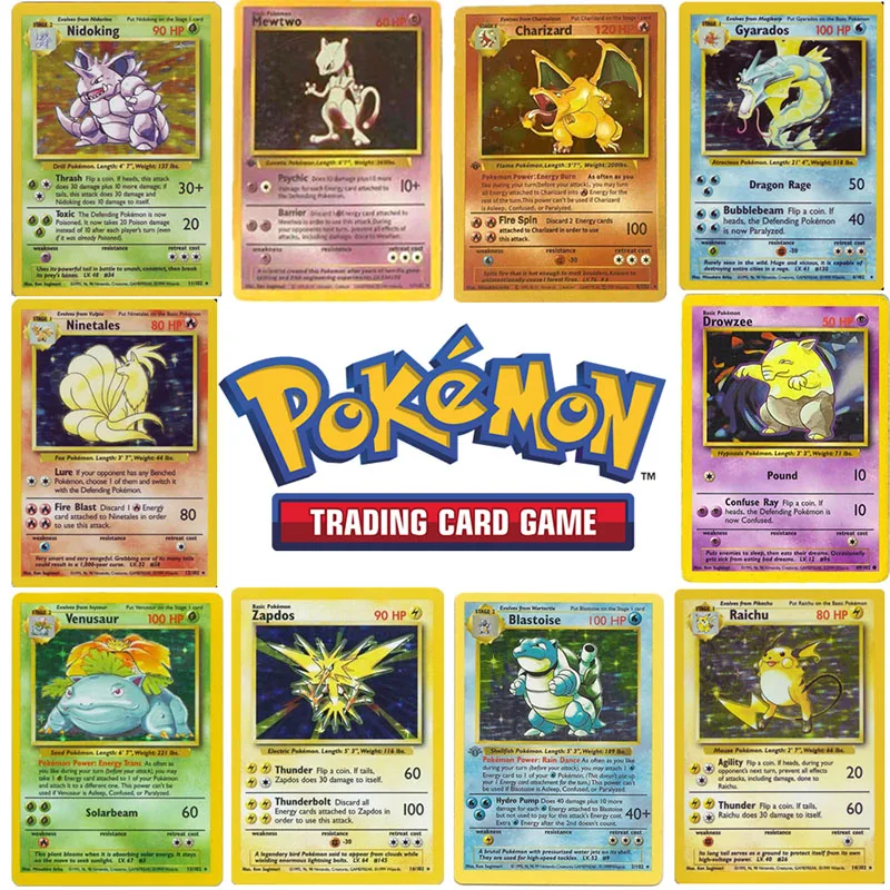 Juego de 10 unids/set de cartas de Pokemon Charizard Venusaur Mewtwo, colecci&oacute;n de cartas de batalla, juguetes para ni&ntilde;os, regalo, primera edici&oacute;n, 1996-0