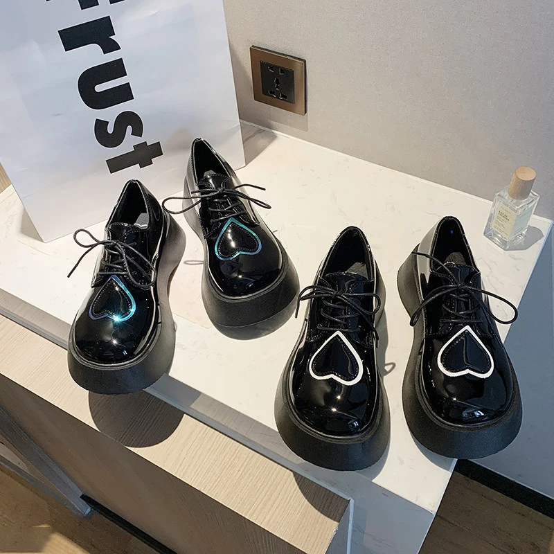 

New Multicolor Heart Lolita High Heels Kawaii Lace-up Japanese School JK Uniform Platform Shoes College Girls Mary Jane Shoes
