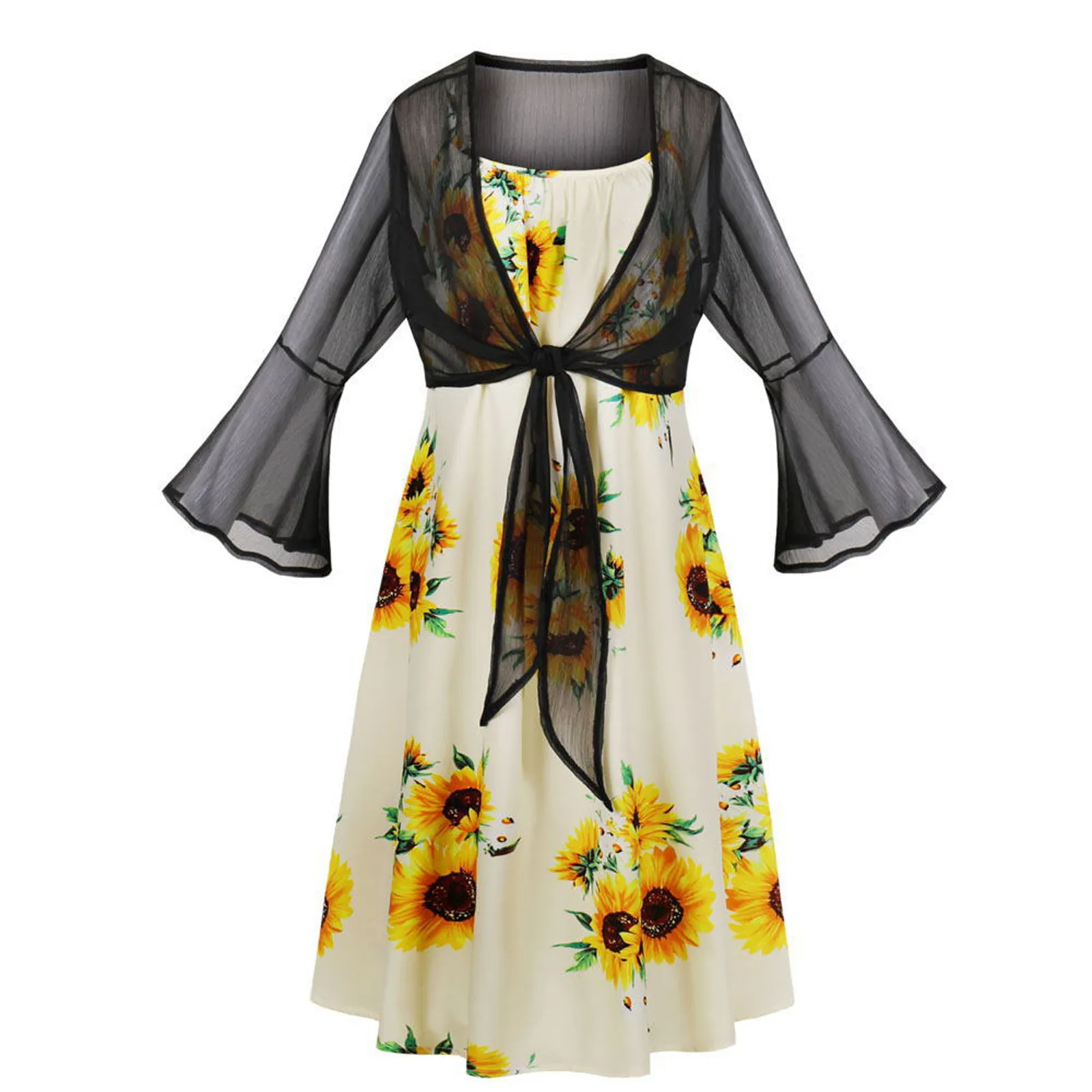 

vestido de mujer Women Fashion Casual Vintage Sunflower Print Sleeve V-Neck Swing Dress vestidos de verano
