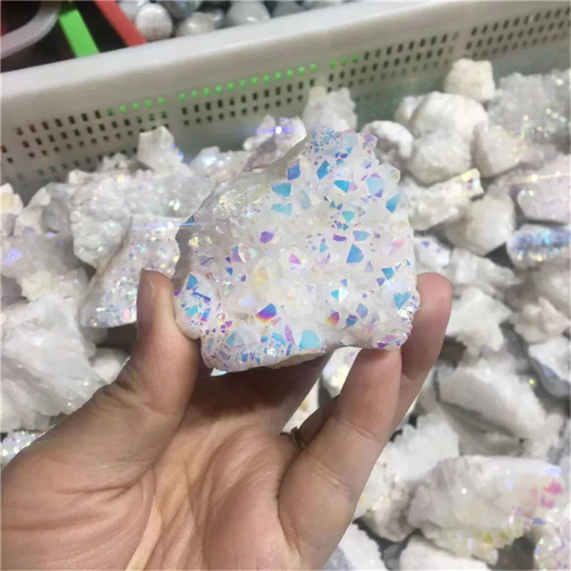 

Natural Rainbow Angel Aura Clear Crystal Cluster Electroplating Titanium Coating Quartz Cluster Stone Healing Decoration80-100g