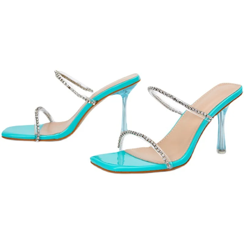 

2020 new summer Rhinestone chain square head Sequin ins net Red Fairy thin high heeled shoes open toe one word sandals