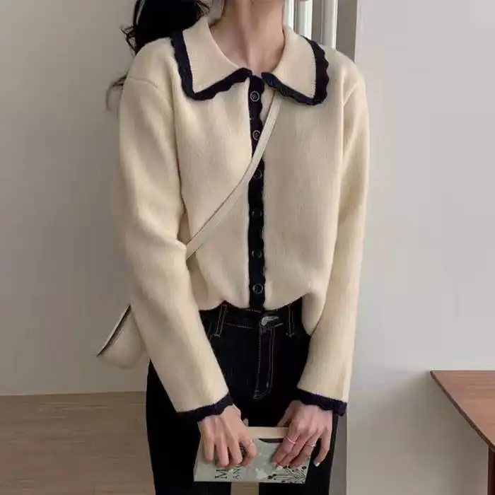 

Бежевый свободный свитер, кардиган, куртка на пуговицах с длинным рукавом, с кукольным воротником, осень/зима 2021, корейский Повседневный Топ