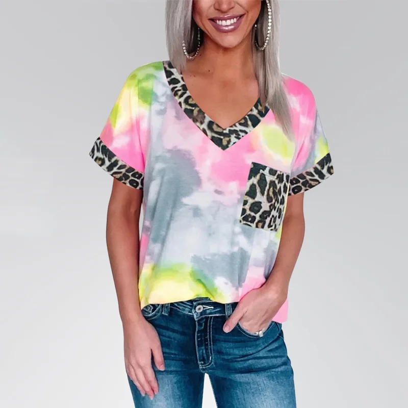 

Tie-dye Leopard Women Shirts Harajuku Stitching Pocket V-neck Short Sleeves T Shirt Japanese Patchwork Graphic Tees Pink
