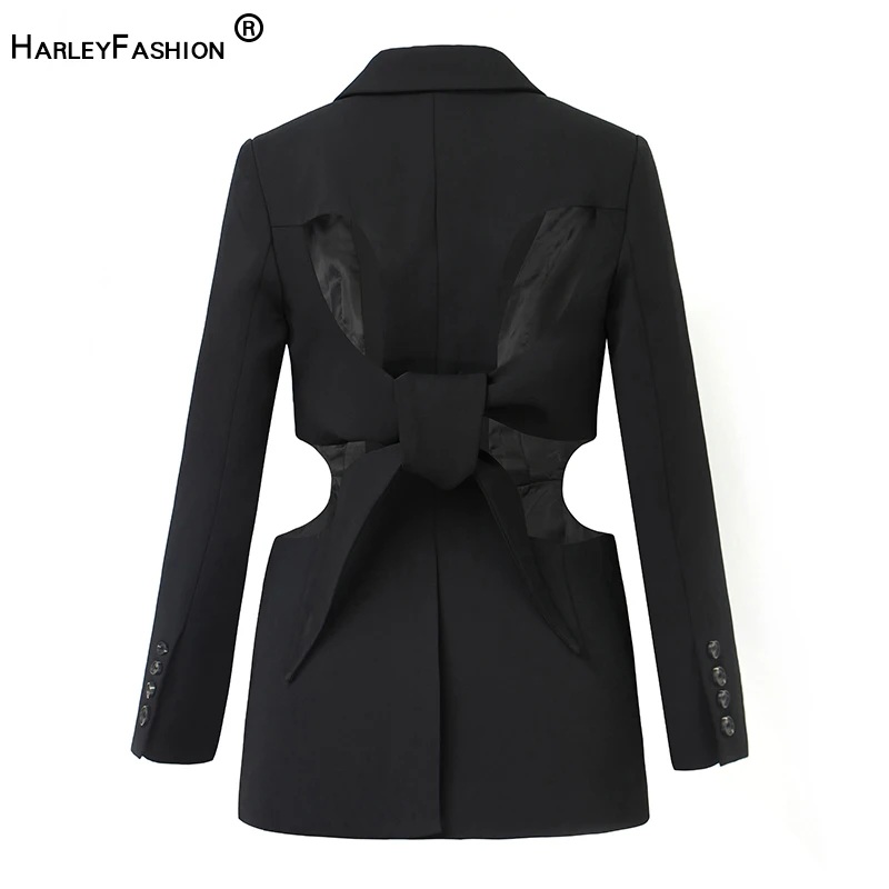 HarleyFashion European Designer Streetwear Top Quality Stylish Backless Lace-UP Black Loose Fashion Long Blazer Women Jackets
