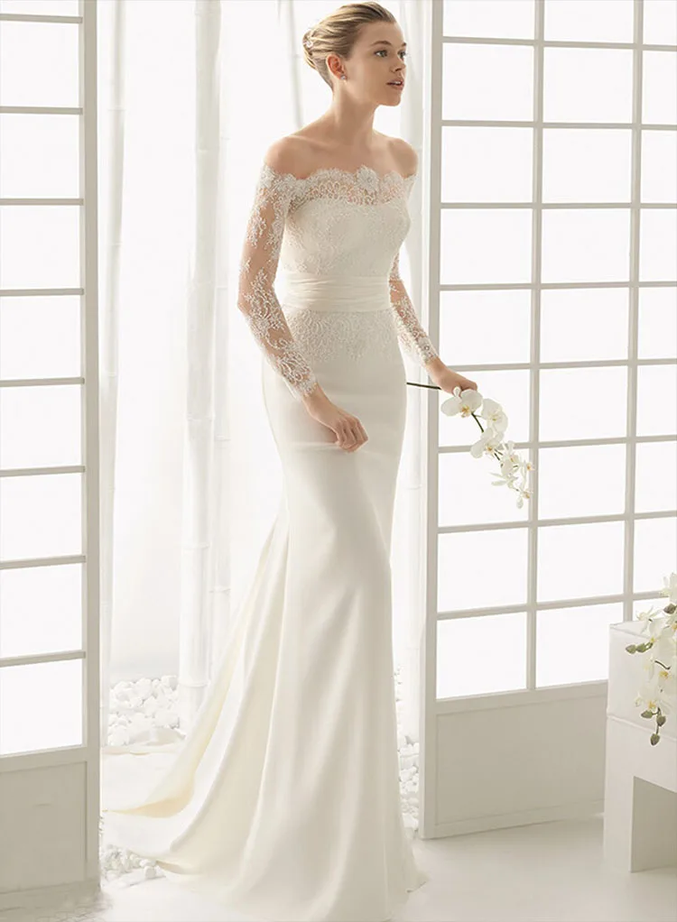 

1066# Off-Shoulder Mermaid Trumpet Long Sleeve Mermaid Backless Soft Satin Lace Sexy Destination Bride Dress Wedding Gown