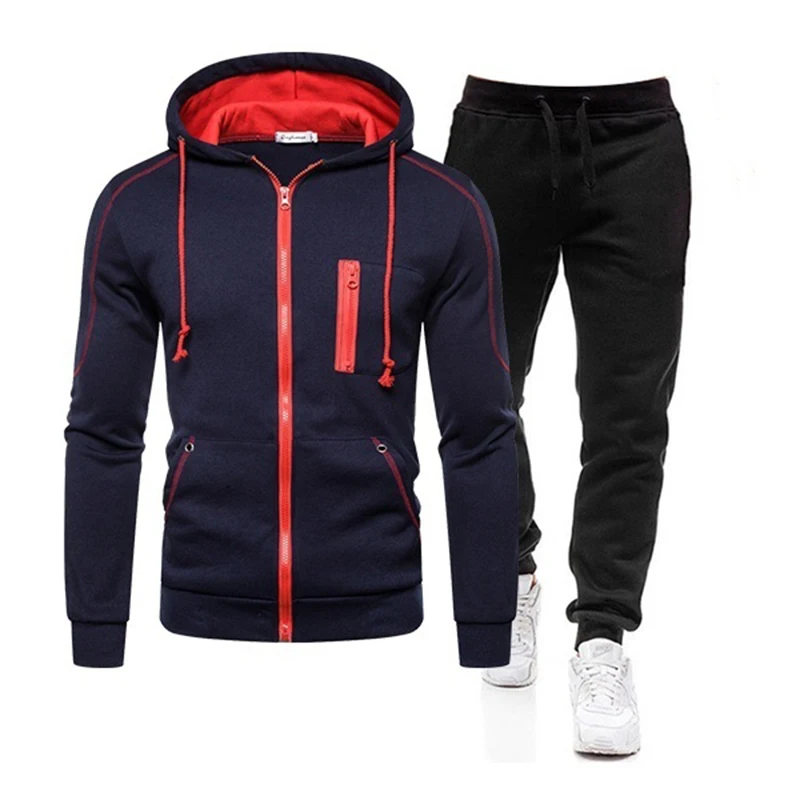 

2021 Fashion Men's Tracksuit Clothing Jackets+Pant Two Pieces Sets Ropa Hombre Zip up Suits Sportswear Male Hooded Sweatshirts