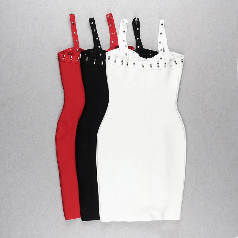 

2019 New High quality black red and white sexy tight rivet celebrity rayon bandage evening party dress Lyer