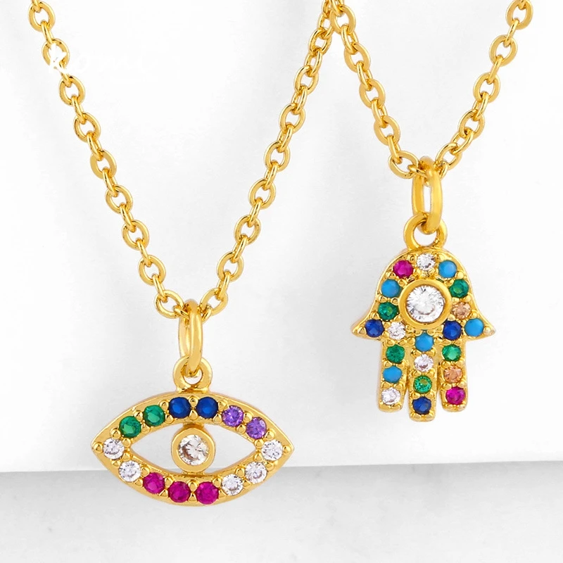 Коми пальмовый глаз кулон ожерелье Нежный маленький свитер цепь цветные стразы