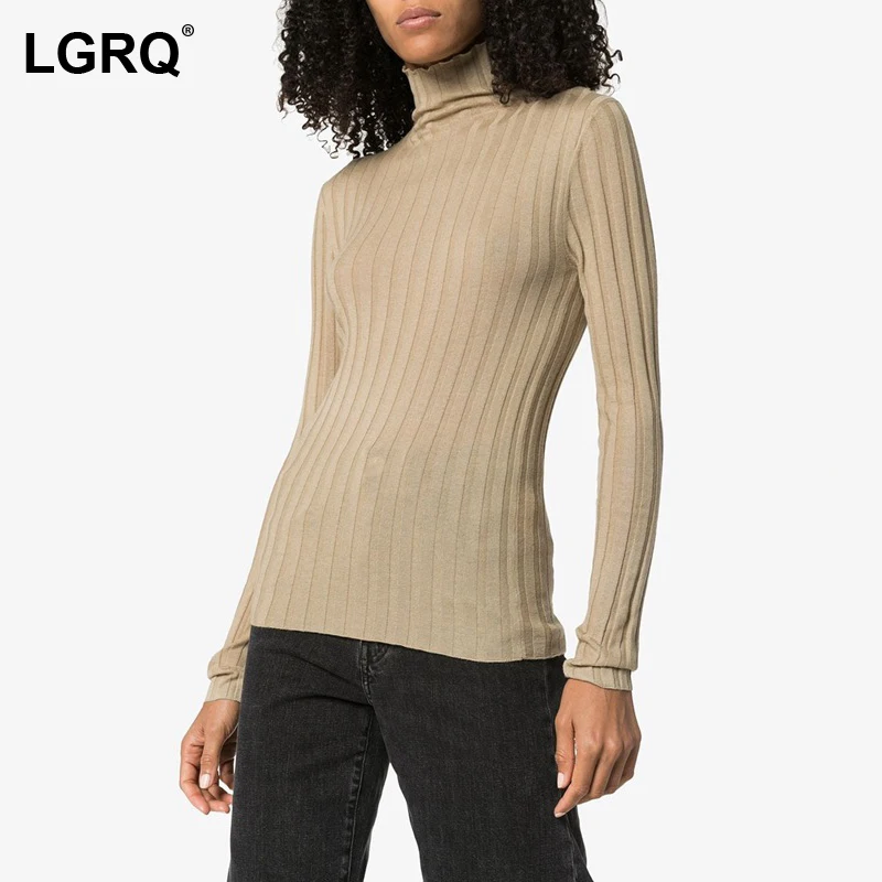 

Женский облегающий вязаный свитер [LGRQ] цвета хаки, новинка 2021, женские пуловеры с высоким воротником, модная новинка, весна-осень 19D3023