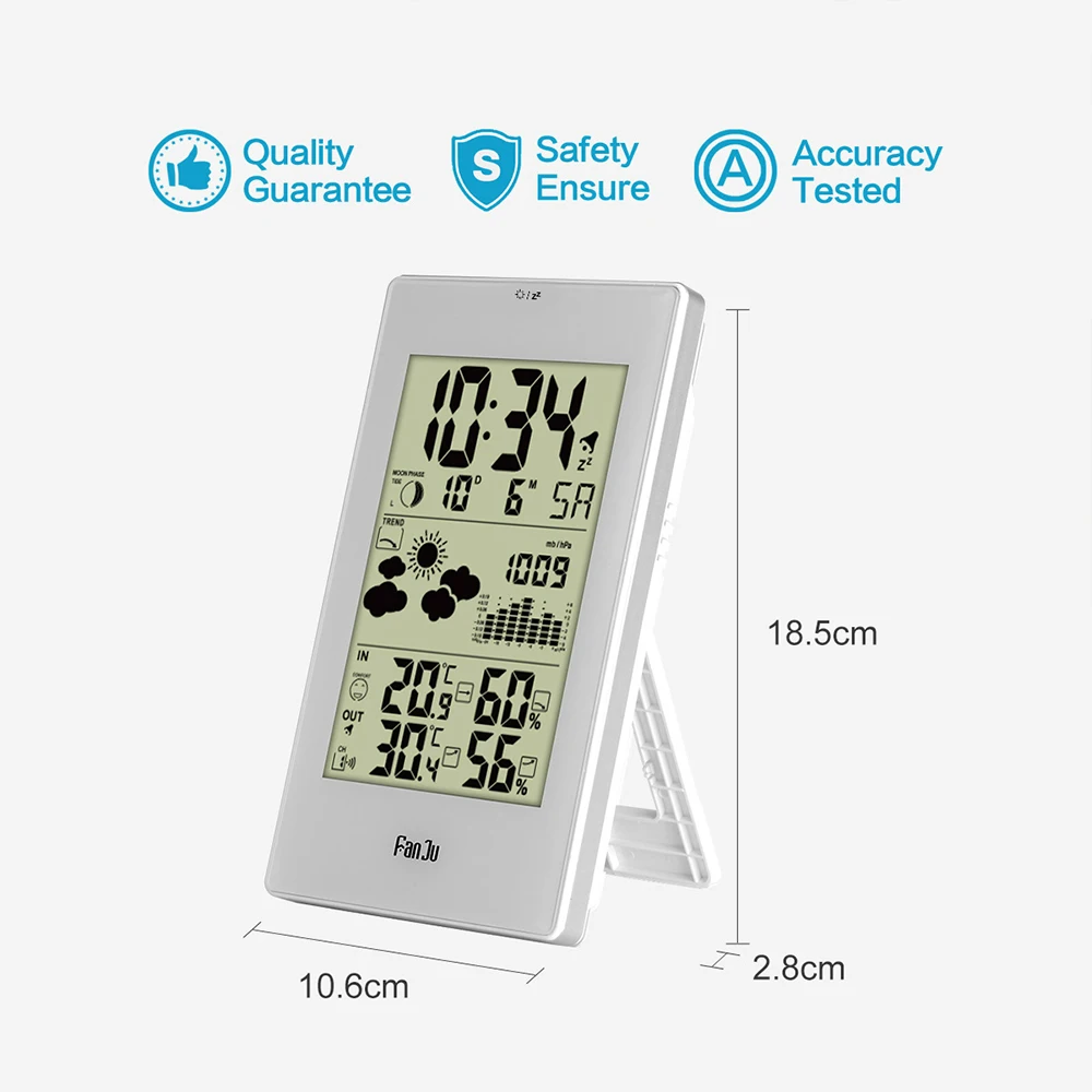 

FanJu FJ3352 Weather Station with Barometer Forecast Temperature Humidity Wireless Outdoor Sensor Alarm and Snooze Digital Clock