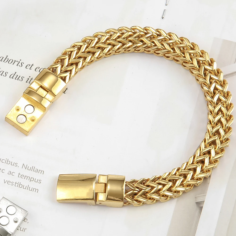 Luxury Never Fade Gold Color Bracelet Men Stainless Steel Chain Man Bracelets With Magnet Clasp Boys Biker Jewellery Accessories | Украшения