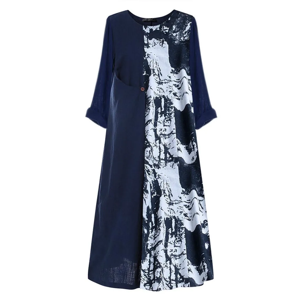 Женское платье-макси с принтом длинным рукавом круглым вырезом и карманами |