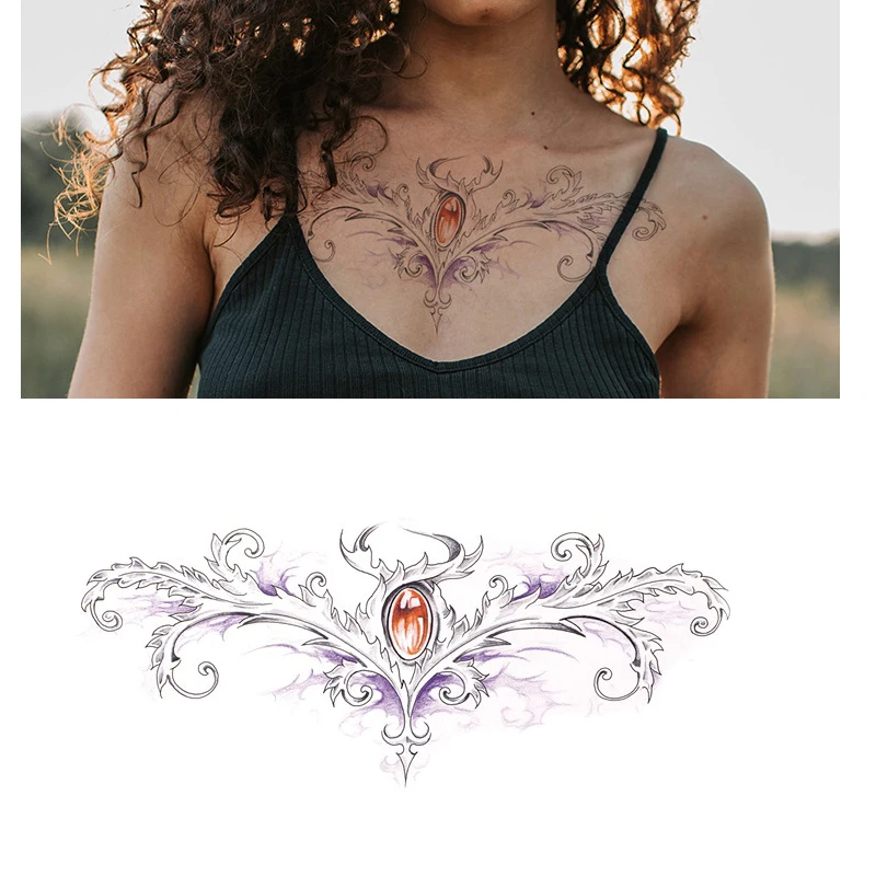 

Sexy Chest Sternum Temporary Tattoo Stickers For Women Girl Mandala Diamond Gem Tatto Fake Tatoo Waterproof Tattoos Sticker