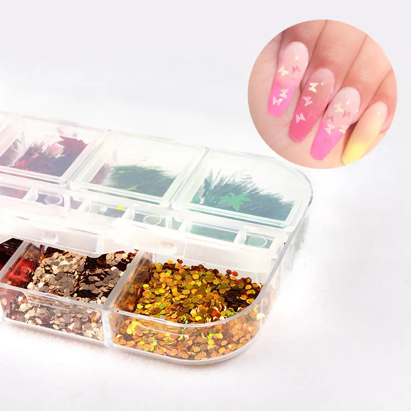 

Лазерные блестки в виде кленовых листьев, аксессуары для дизайна ногтей, смешанные шестиугольные круглые блестящие хлопья в форме бабочки, ...