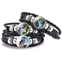 animals bracelet siberian husky glass cabochon braided button bracelet black leather woven bangle cute dog jewelry for men women