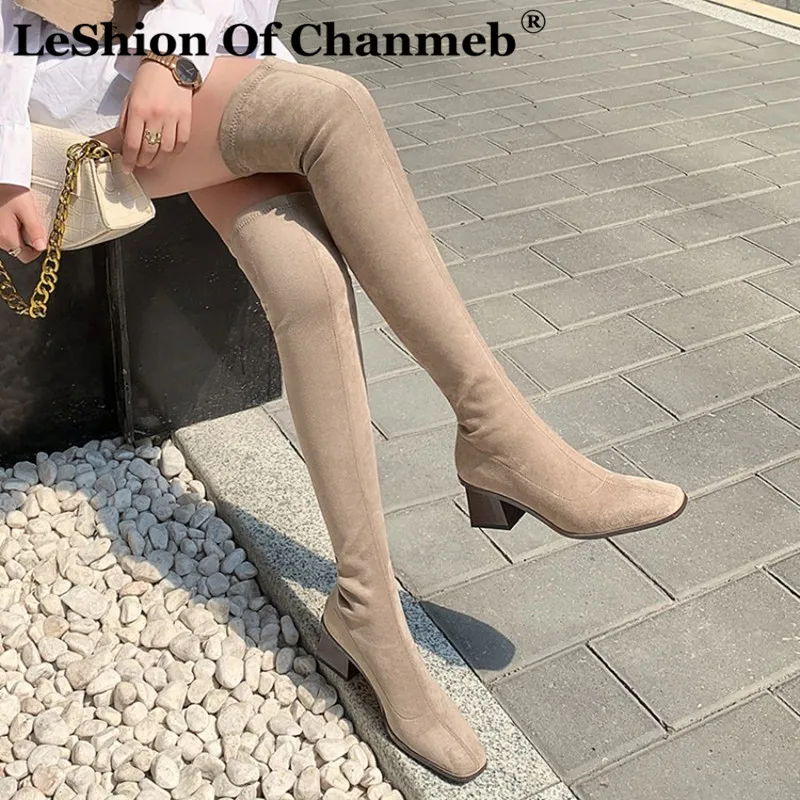 

LeShion из Chanmeb модная Высококачественная обувь, на деревянном каблуке; Эластичные сапоги с высоким голенищем, до колена женские сапоги квадрат...