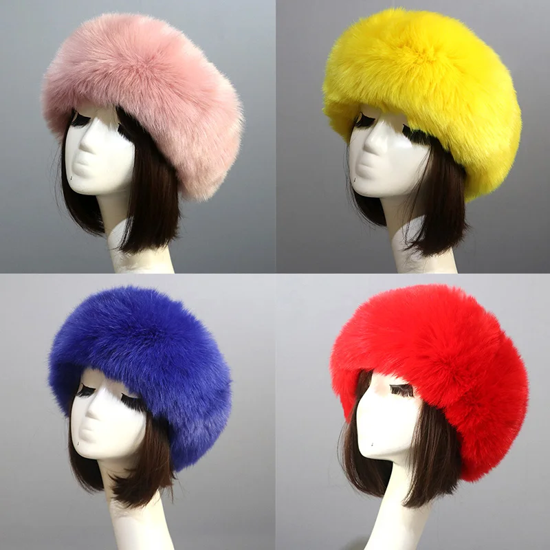 Winter Women Fashion Russian Thick Warm Beanies Fluffy Fake Faux Fur Hat Empty Top Hat Headscarf images - 6