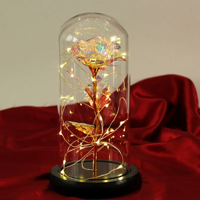 HwArtificial Золотая фольга роза цветок и светодиодный светильник в стеклянном куполе