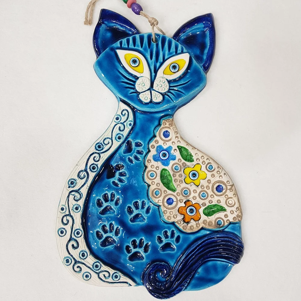 

Handmade Ceramic Cat Wall Hanging Art, English, Decorative, Embossed ,Evil Eye Bead, Cat Lovers