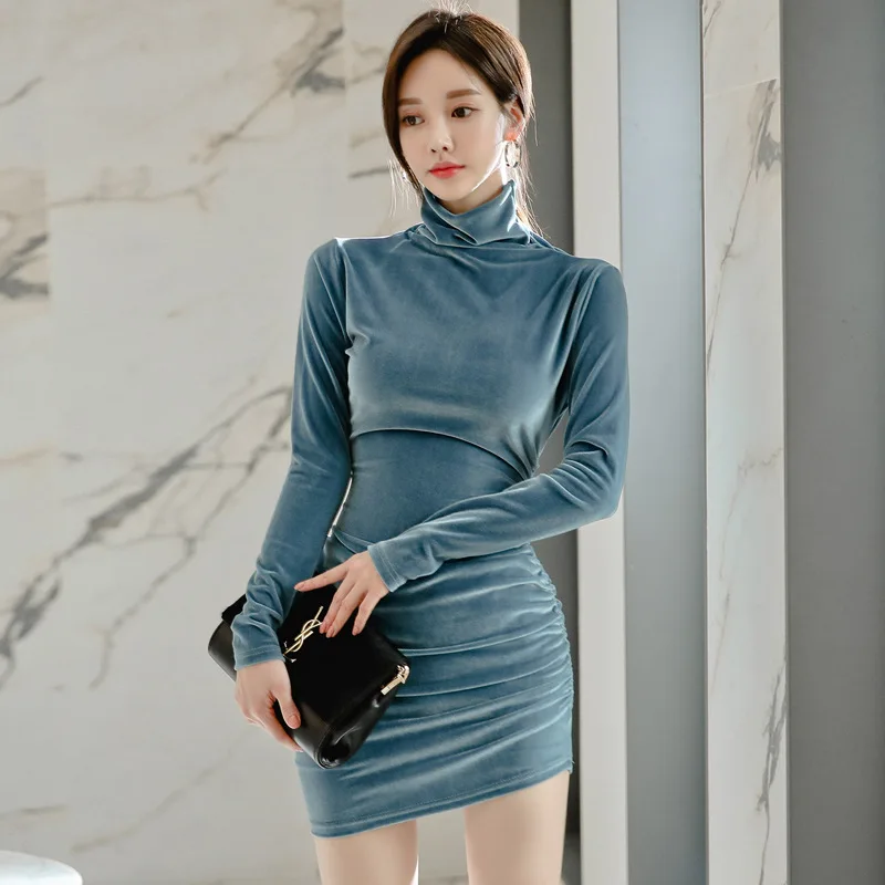 Женское мини-платье однотонное платье-футляр в ретро-стиле эластичное Корейском