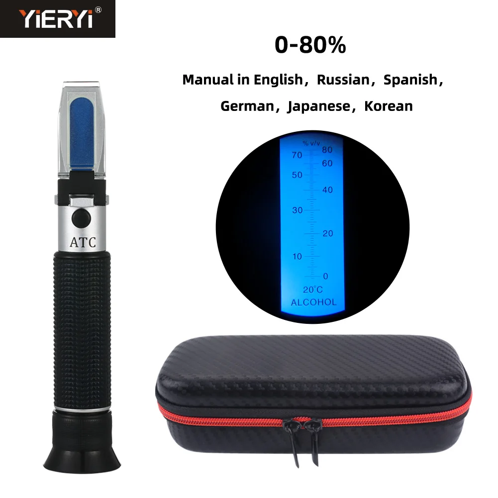 Yieryi ручной спиртовой рефрактометр 0-80% тестер для спирта спиртометр(с одной шкалой) Регулируемый ручной Focu с полиуретановой сумкой