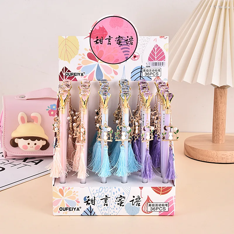 

36 pcs/lot Kawaii Diamond Cat Tassel Pendant Mechanical Pencil Cute 0.5/0.7MM Automatic Pen For Kids Gift School Office Supplies