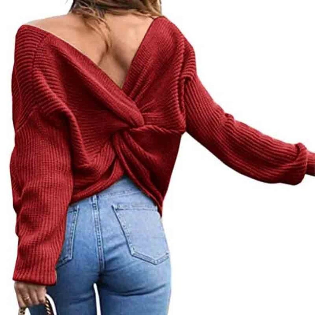 New Sexy Solid Color V Neck Twisted Back Knot Sweater Women Long Sleeve Jumper Pullover One Size Loose Warm Hand-wash | Женская одежда