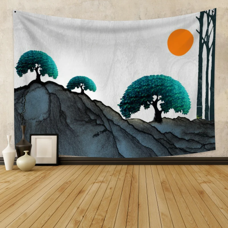 

Cartoon Mountain and Tree Tapestry Vintage Exotic Summer Plant Nature Frame for Bedroom Photography Wall Decor