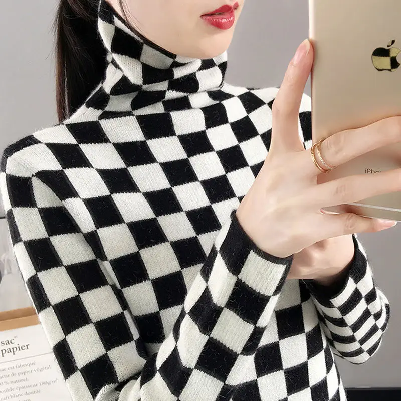 

Pullover sweater High collar knit bottoming shirt ladies autumn and winter 2021 foreign gas lattice inside a pile of hi-sweater