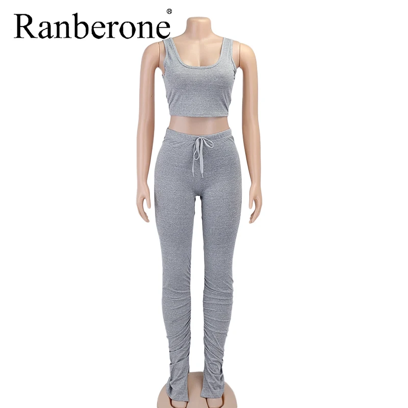 New Sport Suit Female 2020 Tank Top And Stacked Pants 2 Piece Set Women Casual Sportswear Sleeveless Tracksuits Workout Sets