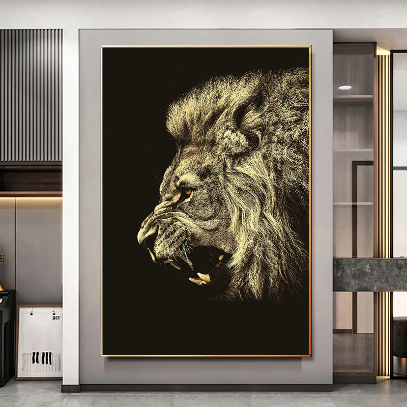 

Canvas Painting Abstract Wild Animal Wall Art Golden Black Lion Poster Print Wall Picture for Living Room Home Decor Cuadros