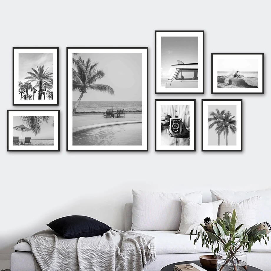 

Black White Sea Sky Palm Tree Camera Van Wall Art Canvas Painting Nordic Posters And Prints Wall Pictures For Living Room Decor