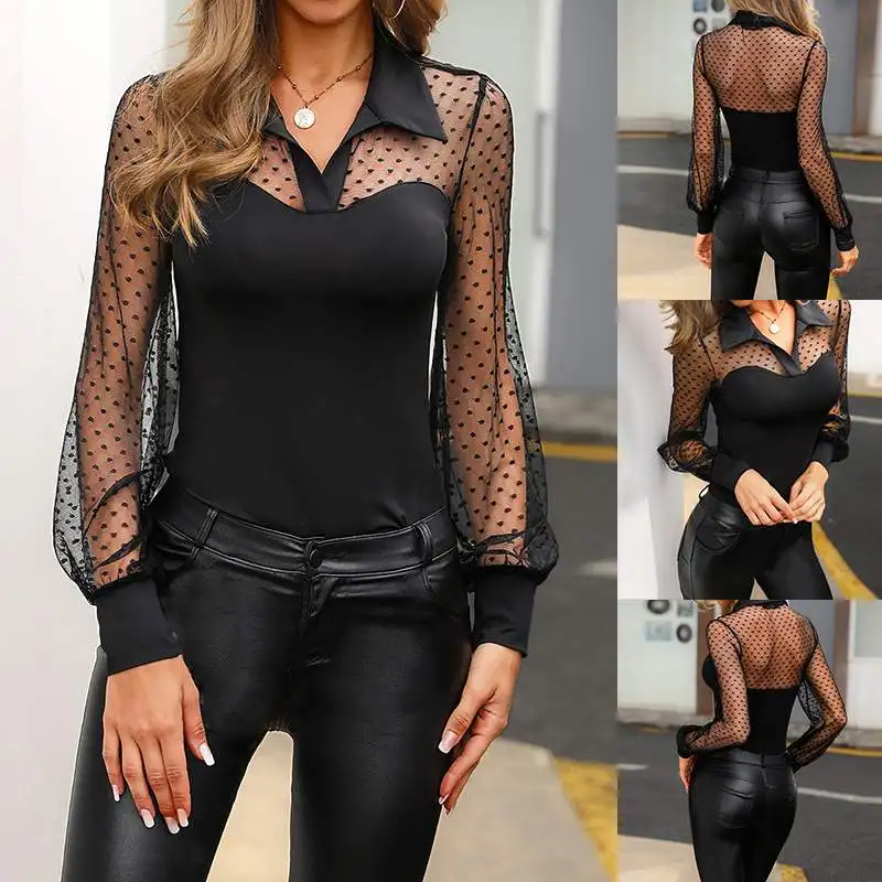 

Women Dot Printed Top Sexy Transparent Tops Women's Lace Patchwork Shirt Summer Casual Long Sleeve Mesh Blusas Female Lapel Top